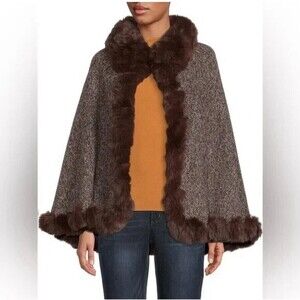 Vince Camuto Lurex Womens Black Shawl Cape Soft Faux Fur Trim & Liner NWT